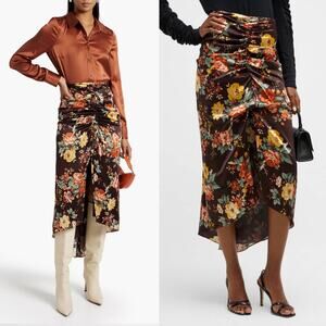 Veronica Beard Pixie Floral Print Skirt Oxblood Multi Silk Ruched Midi Size S 4